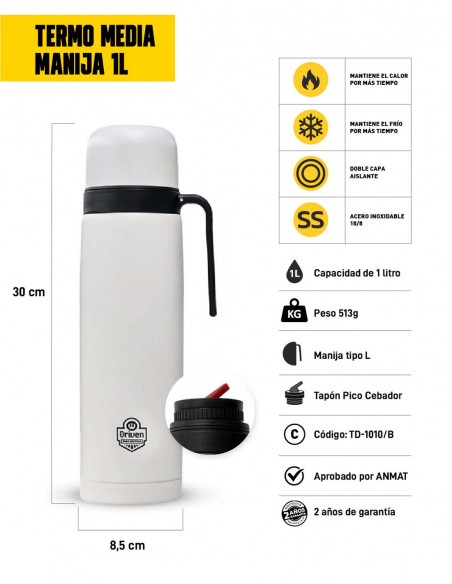 Termo media manija de acero inoxidable blanco características