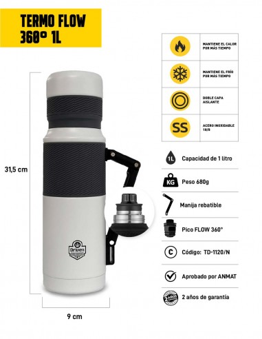 Termo de acero inoxidable con pico FLOW 360° blanco características