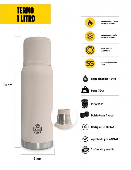 Termo de acero inoxidable 1 litro arena características