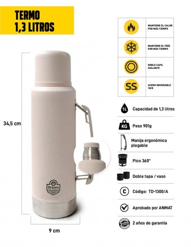 Termo de acero inoxidable 1,3 litros arena características