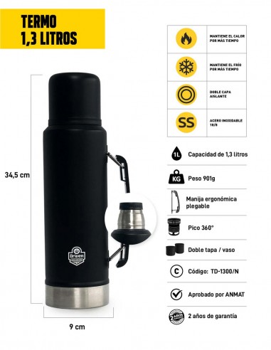 Termo de acero inoxidable 1,3 litros negro características