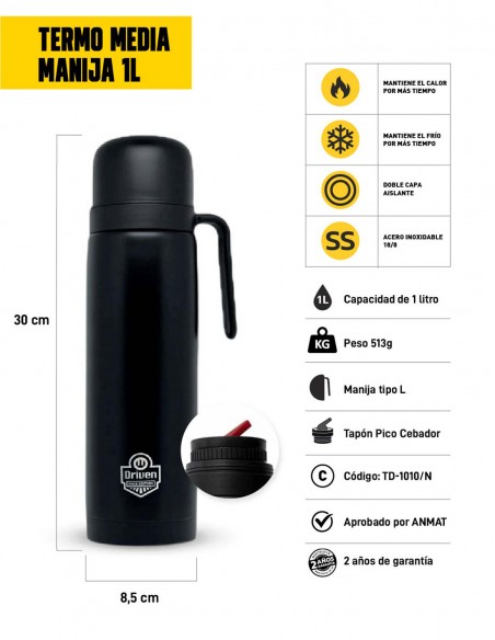 Termo media manija de acero inoxidable negro características