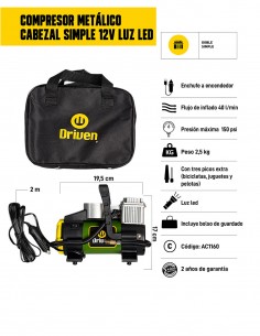 Compresor de aire metálico cabezal simple 12v luz led 2