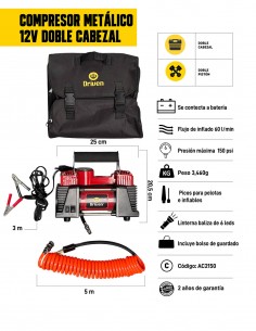 Compresor de aire metálico 12v doble cabezal luz baliza 2