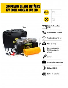 Compresor de aire metálico 12v doble cabezal luz led 2