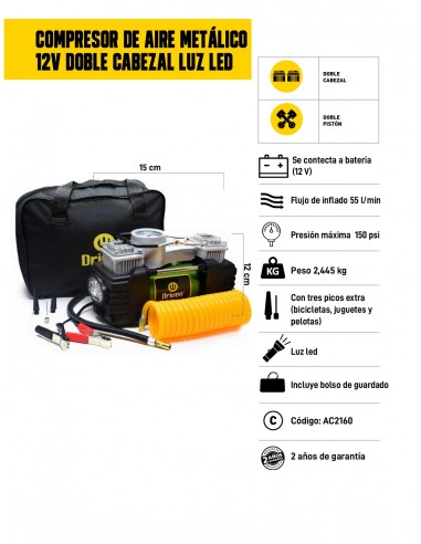 Compresor de aire metálico 12v doble cabezal luz led característica