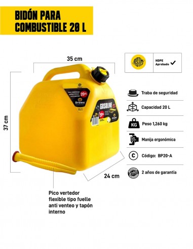 Bidón para combustible 20 litros amarillo características