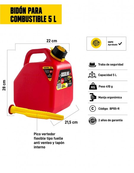 Bidón para combustible 5 litros rojo características