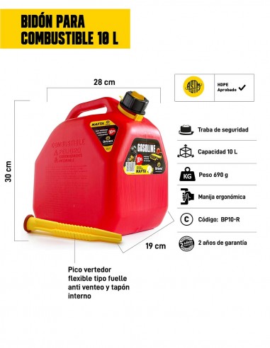 Bidón para combustible 10 litros rojo características