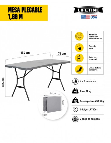 Mesa plegable 1,80 m Lifetime gris características