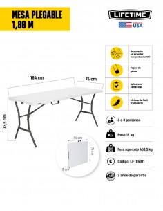 Mesa plegable 1,80 m Lifetime blanca 2