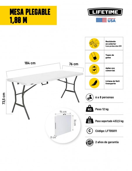 Mesa plegable 1,80 m Lifetime blanca característica