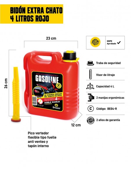Bidón extra chato para combustible 4 litros rojo características