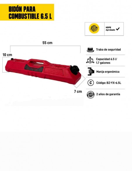 Bidón para combustible 6.5 litros rojo características