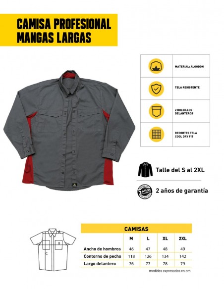 Camisa profesional mangas largas gris/rojo características