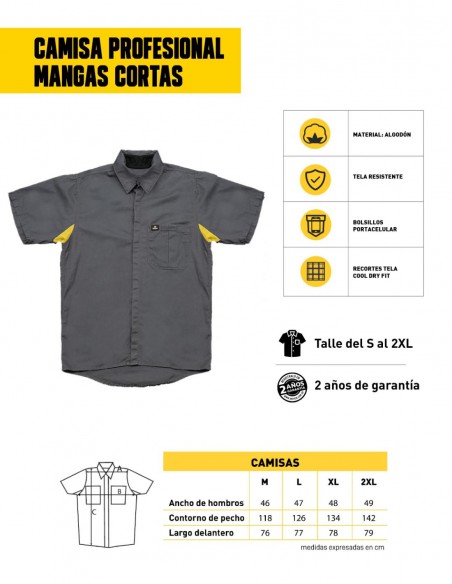 Camisa profesional mangas cortas gris/amarillo características