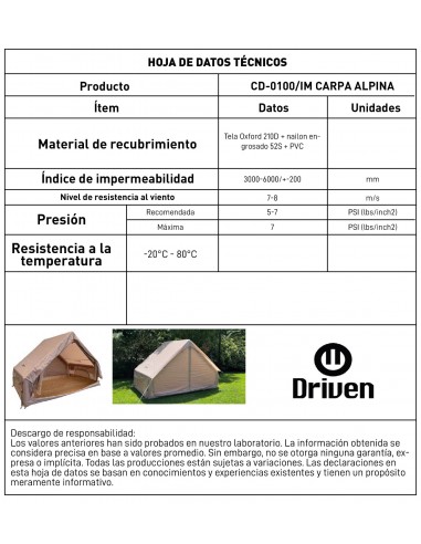 Carpa para 4 personas Alpina inflable datos técnicos